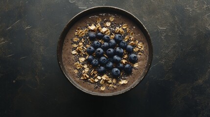 A smoothie bowl topped with granola, chia seeds, and blueberries. Featuring healthy breakfast options