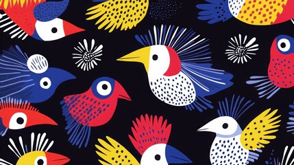 Obraz premium Colorful and Stylish Bird Pattern on Black Background for Design Use