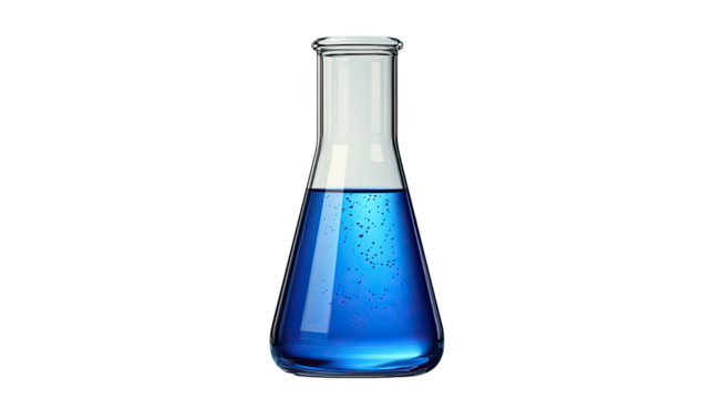 Scientific Solution: The vibrant blue liquid contained within a conical flask, hinting at scientific precision and the pursuit of knowledge in a laboratory setting.