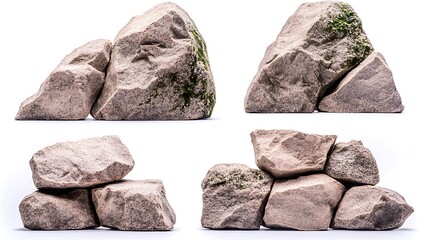Stone blocks stacked in various arrangements with slight green moss