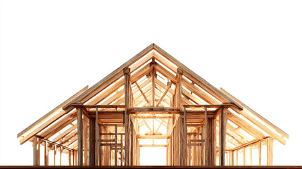 Obraz premium Close up of a wooden frame structure showing the construction of a building against white background
