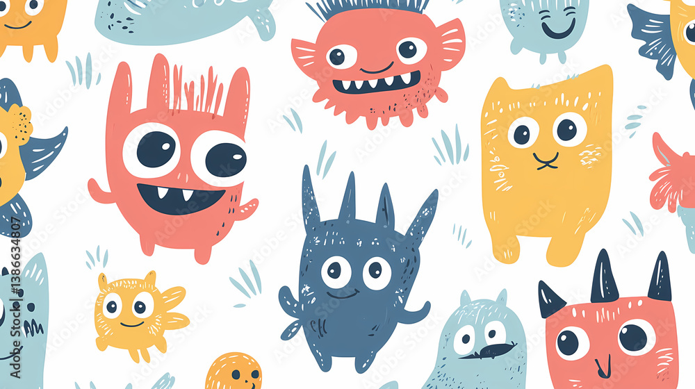 Poster friendly monster pattern: a whimsical array of colorful and charming monster characters on a vibrant