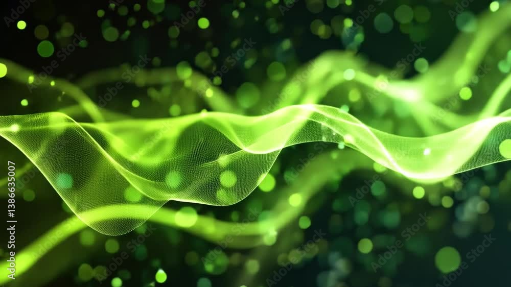 Poster vibrant green abstract background with flowing waves and shimmering particles dynamic energy movemen