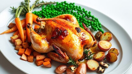 ChatGPT said:
​Traditional Roast Chicken with Vegetables Served on a White Plate, Capturing a Classic Homestyle Meal.