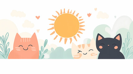 Cats' Serene Sunshine: Charming feline friends bask in the radiant glow of the sun, in a whimsical illustration