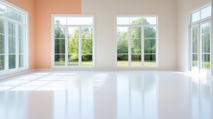 Fototapeta premium Bright, spacious room with large windows overlooking a garden (2)