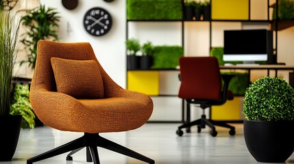 Stylish workspace with green plants, colorful shelving, and a cozy orange chair