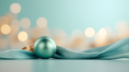 Teal Christmas Ornament on Blue Fabric with Soft Bokeh Lights