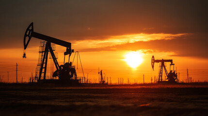 Obraz premium Silhouette of oil pumps at sunset with orange sky and bright sun in the background view of field