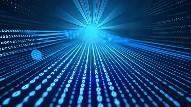 Digital data streams in vibrant blue tunnel showcase mesmerizing binary code, creating abstract and futuristic atmosphere that symbolizes technology and innovation.