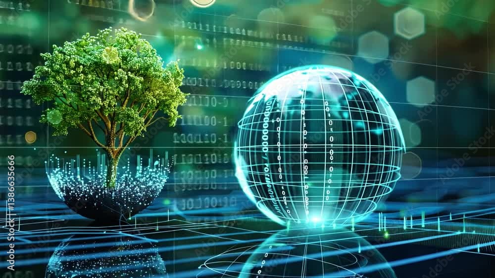 Poster digital tree and globe harmonious intersection of nature, technology, and sustainability for growth 
