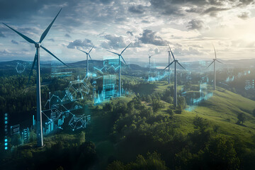 Wind Turbines on Hill: The image shows a row of towering wind turbines gracefully spinning against a picturesque hilly terrain, a testament to sustainable energy and technological advancement.