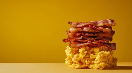 A stack of crispy bacon slices beside scrambled eggs. Featuring indulgence and comfort