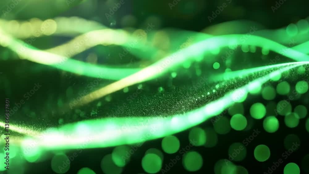 Poster mesmerizing abstract background of flowing green waves and shimmering bokeh lights, evoking depth, e