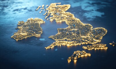 Illuminated UK map at night, showing city lights; background is dark blue.  Website, presentation use