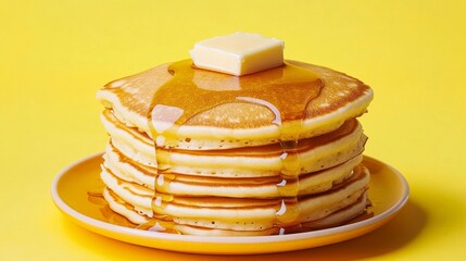 A stack of fluffy pancakes topped with syrup and butter. Featuring classic breakfast
