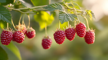 Ripe Red Raspberries on Branch with Green Leaves in Sunlight