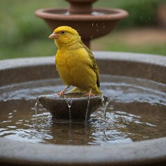 A canary bathing in a shallow birdbath with a fountain.