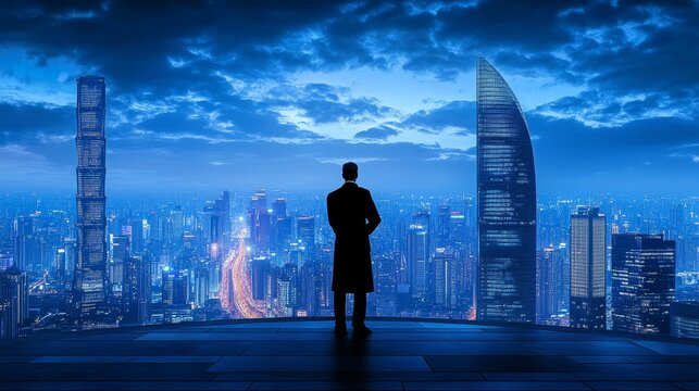 A CEO standing at the top of a skyscraper, overlooking the city while strategizing the company future