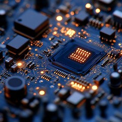 Close-up of illuminated circuit board with CPU