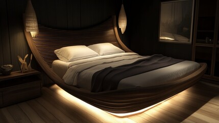 Modern Curved Wooden Bed in Dark Room with Soft Lighting