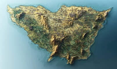 Obraz premium Island Terrain Map Aerial View of mountainous island, ocean background, geographic visualization, for educational use