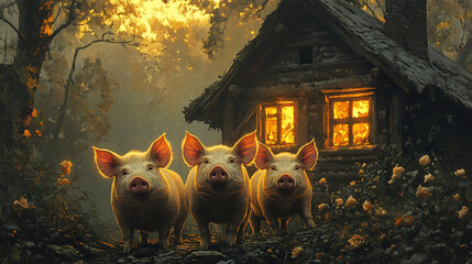 A low-angle view from the pigsty, showing pigs close up, while a small peaceful home glows in the background, capturing a moment of realization and longingHighly detailed, cinematic composition,