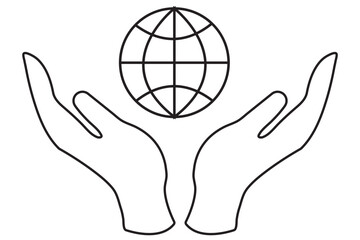 Two hands holding globe line icon for web, mobile and infographics. Vector dark grey icon isolated on light grey background. Eps 10