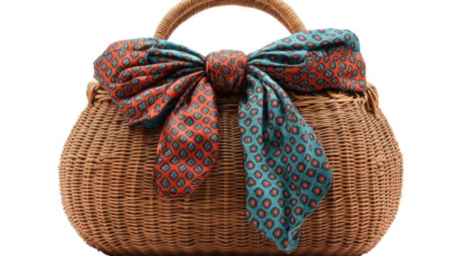 Stylish Woven Handbag with Ribbon Adornment: A charming, handcrafted woven handbag, gracefully adorned with a decorative ribbon, showcasing artistry and elegance. 