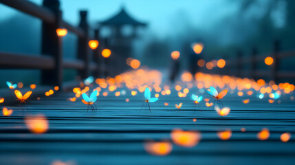 Glowing Blue And Orange Butterflies On A Wooden Bridge At Night