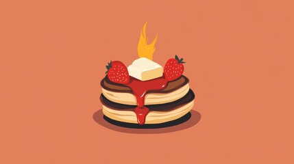 A stack of fluffy pancakes with maple syrup, butter, and fresh strawberries. Featuring sweetness and indulgence