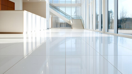 Obraz premium Bright Modern Building Interior with Reflective White Floor and Large Windows