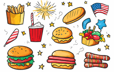 A Feast of American Cuisine: An appetizing medley of iconic American cuisine elements, presented in a colorful, inviting illustration for visual appeal. 