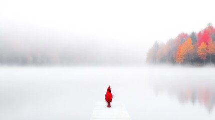 A vibrant red cardinal stands on a small, white dock. The background features a misty lake and autumnal trees in muted colors. The image is high-resolution, with soft, natural lighting. Its minimali
