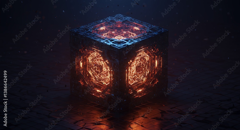 Poster futuristic glowing cube with intricate circuitry and energetic core shining in the dark, showing inn
