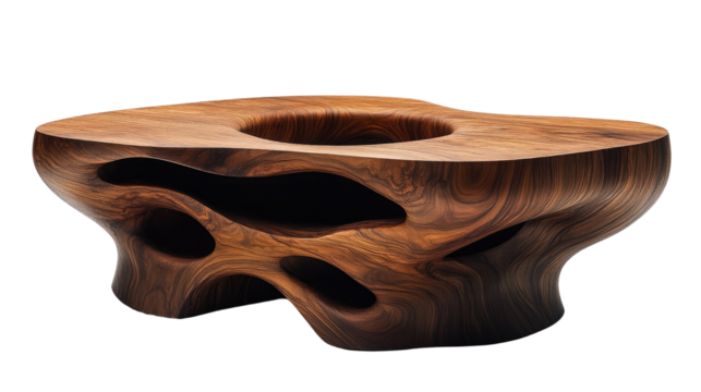 Modern Wooden Table: A unique piece of modern furniture with intricate cutouts. Crafted from warm wood, and sculpted with organic curves, adding an artistic touch to any contemporary interior.