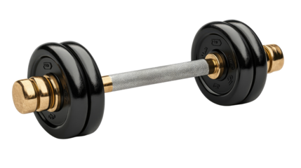 Dumbbell: A dumbbell, a symbol of strength, lies isolated in a studio setting. Showcasing its black and gold color scheme, it is ready for use.