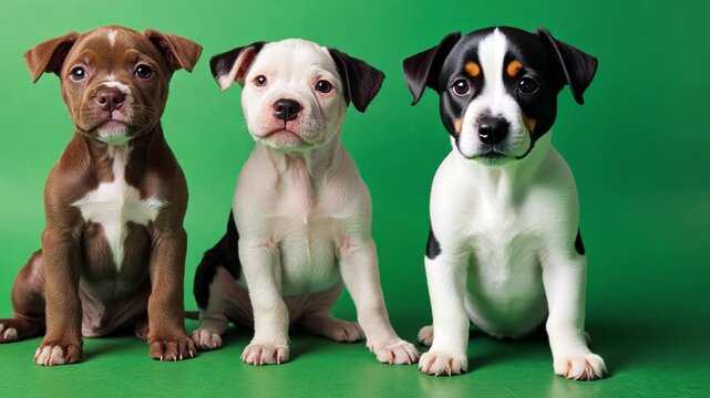 Puppies' Portrait: Three adorable puppies of different breeds sit side-by-side, their youthful innocence and unique coat patterns enhanced by a vibrant backdrop.