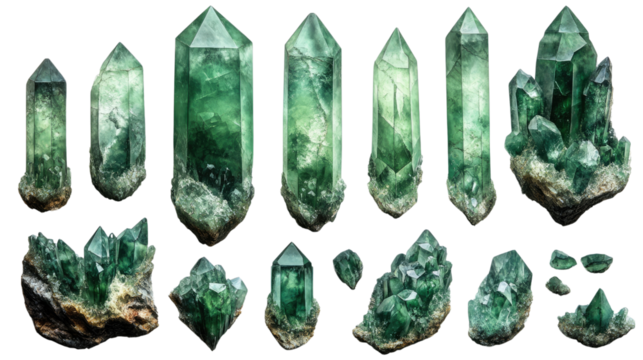 Emerald Crystal Collection: A stunning assemblage of glistening emerald crystals, varying in size and shape, each radiating a captivating deep green hue.
