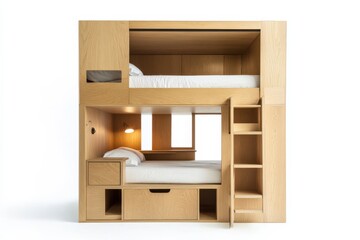 Fototapeta premium Modern Light Wood Bunk Bed with Built In Storage and Ladder