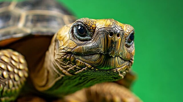 Serene Tortoise Portrait: A close-up shot of a tortoise showcasing intricate shell detail and a captivating gaze, set against a vibrant green backdrop, reflecting the beauty of the animal kingdom.