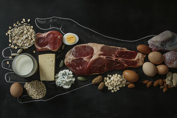 Naklejka premium Healthy Food Ingredients on Chalkboard Protein Rich Foods, Including Meat, Dairy, Eggs, and Grains