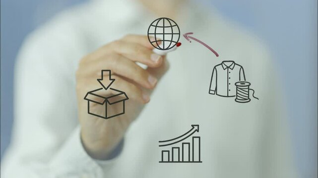 Professional businessman drawing circular diagram on transparent screen, visualizing global trade process from importing raw goods through manufacturing to exporting finished products