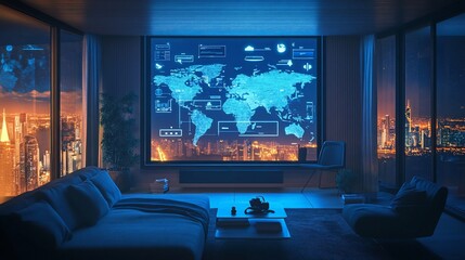Futuristic apartment with a world map display overlooking a vibrant cityscape at night