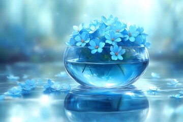 Blue Flowers in Glass Vase Floating on Water with Reflection
