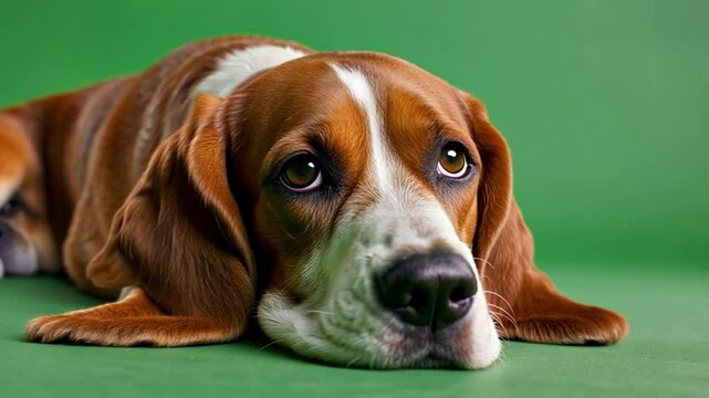 Basset Hound's Pensive Gaze: A close-up portrait of a Basset Hound, with soulful eyes and droopy features, resting against a solid backdrop, revealing its gentle disposition and calm nature.