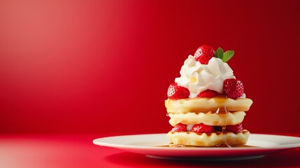 A stack of waffles with maple syrup, fresh strawberries, and whipped cream. Featuring indulgence and sweetness