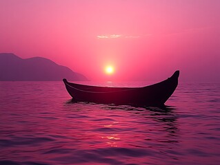 Fototapeta premium Boat in Calm Water at Colorful Sunset with Mountain Backdrop