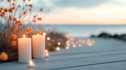 White Candles and Orange Flowers at Sunset Beach