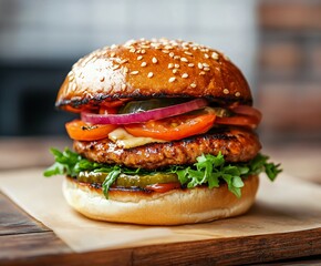 hamburger on a wooden table
